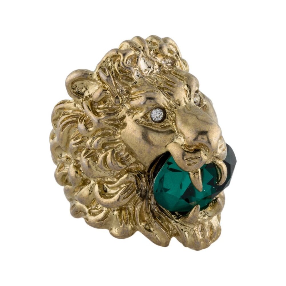 Gucci Gold Lion Head Ring with Emerald Green Crystal